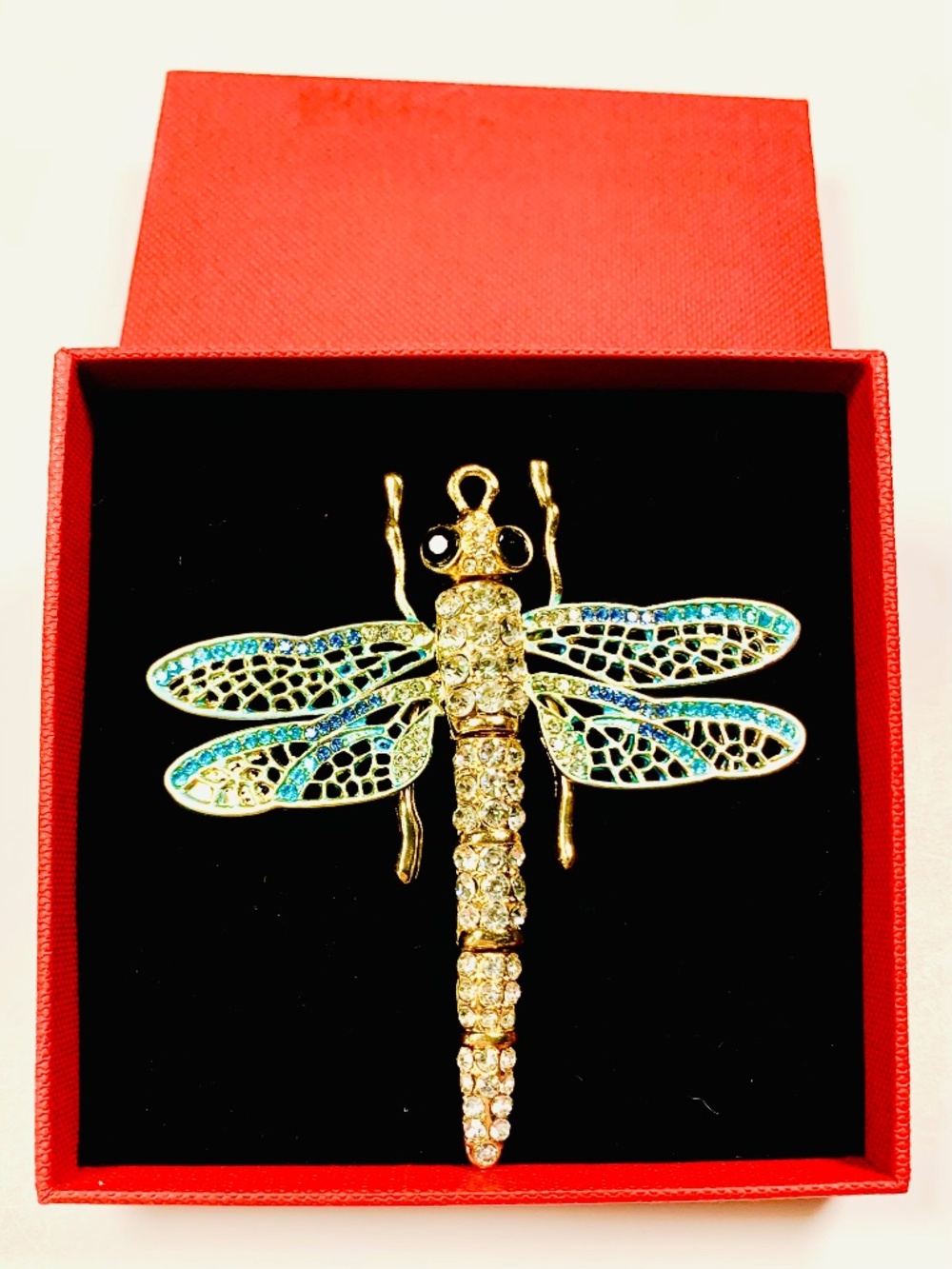 Sparkly Dragonfly Blue Winged Rhinestone Ornament Gold-Tone Holiday Christmas